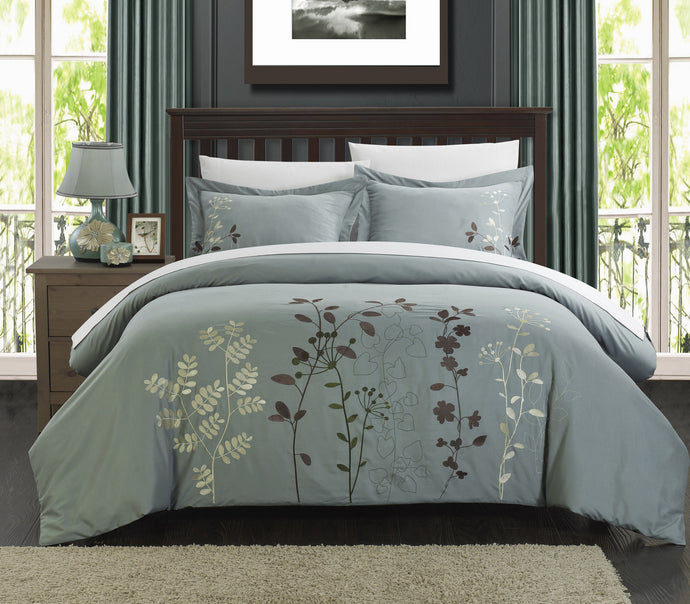 Chic Home 7 Piece Kathy Floral Embroidered Duvet Set, King Green with White Sheet Set