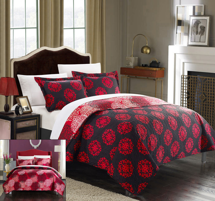 Chic Home 7 Piece Kerrie Boho Inspired Reversible Print Quilt Set, King, Red
