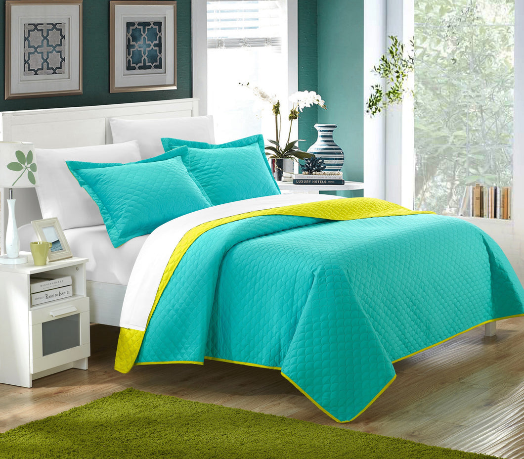 Chic Home 7 Piece Lugano Reversible Color Block Modern design Quilt with Shams Set, King, Aqua, with 4 Piece White Sheet Set