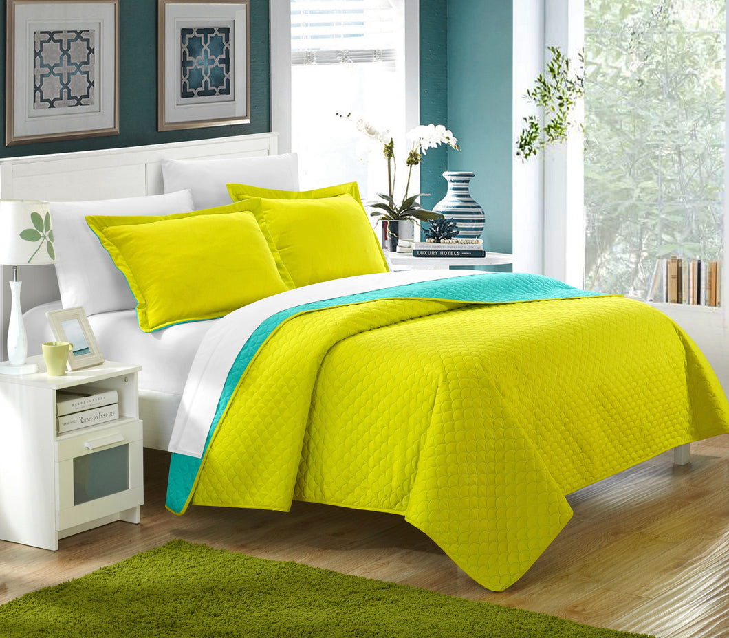 Chic Home 7 Piece Lugano Reversible Color Block Modern design Quilt with Shams Set, Queen, Aqua, with 4 Piece White Sheet Set