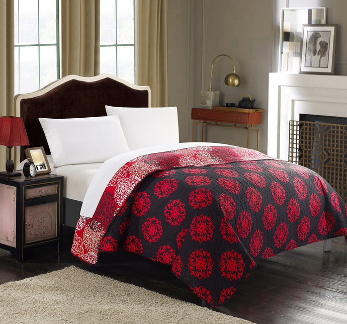 Chic Home 1 Piece Jennifer Boho Inspired Reversible Print Quilt Set, Queen, Red
