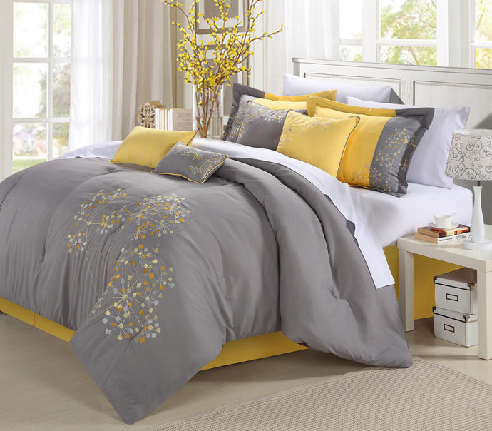 Chic Home Sakura 8-Piece Embroidered Comforter Set, Yellow Queen