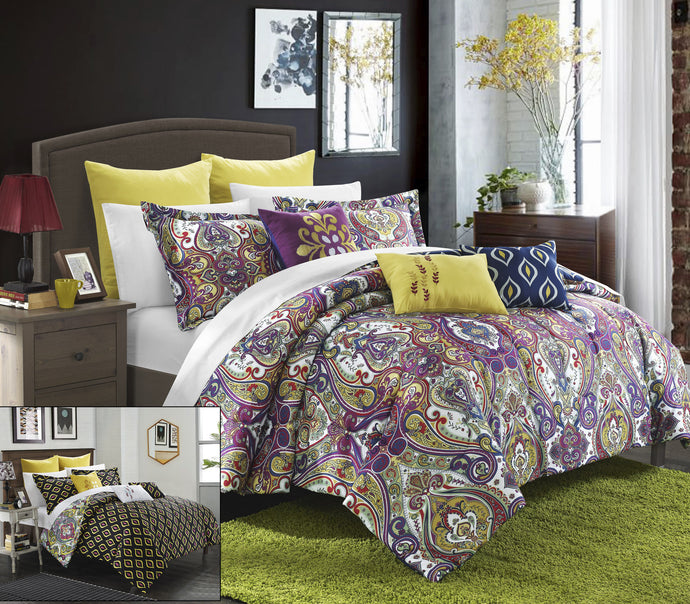 Chic Home Paisley Global Inspired 6-Piece Savannah Reversible Comforter Set, Twin, Purple