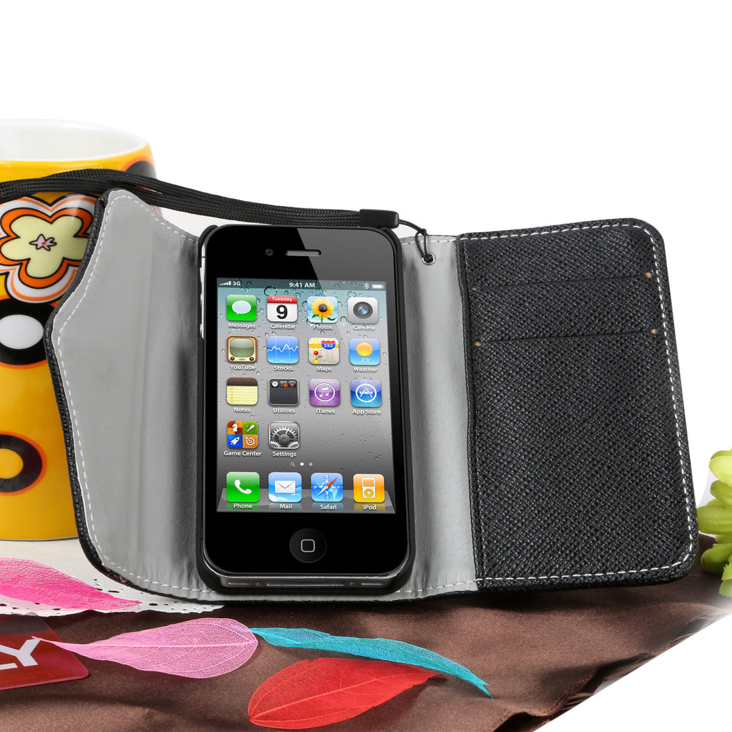 Synthetic Leather Wallet Flip Case Credit Card Holder For iPhone 4/4S in Black