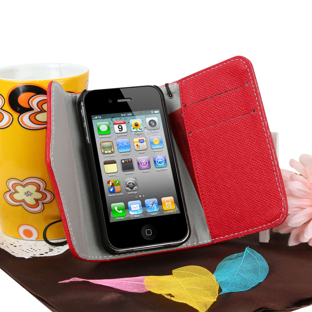 Synthetic Leather Wallet Flip Case Credit Card Holder For iPhone 4/4S in Red