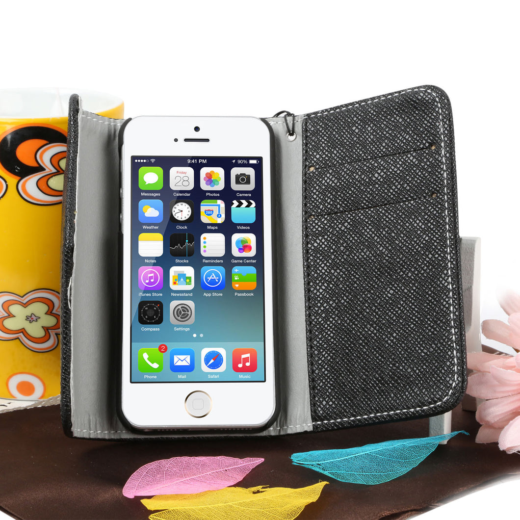 Synthetic Leather Wallet Flip Case Credit Card Holder For iPhone 5/5S in Black