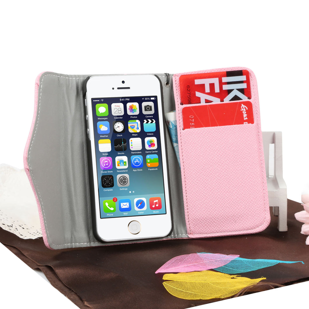 Synthetic Leather Wallet Flip Case Credit Card Holder For iPhone 5/5S in Pink