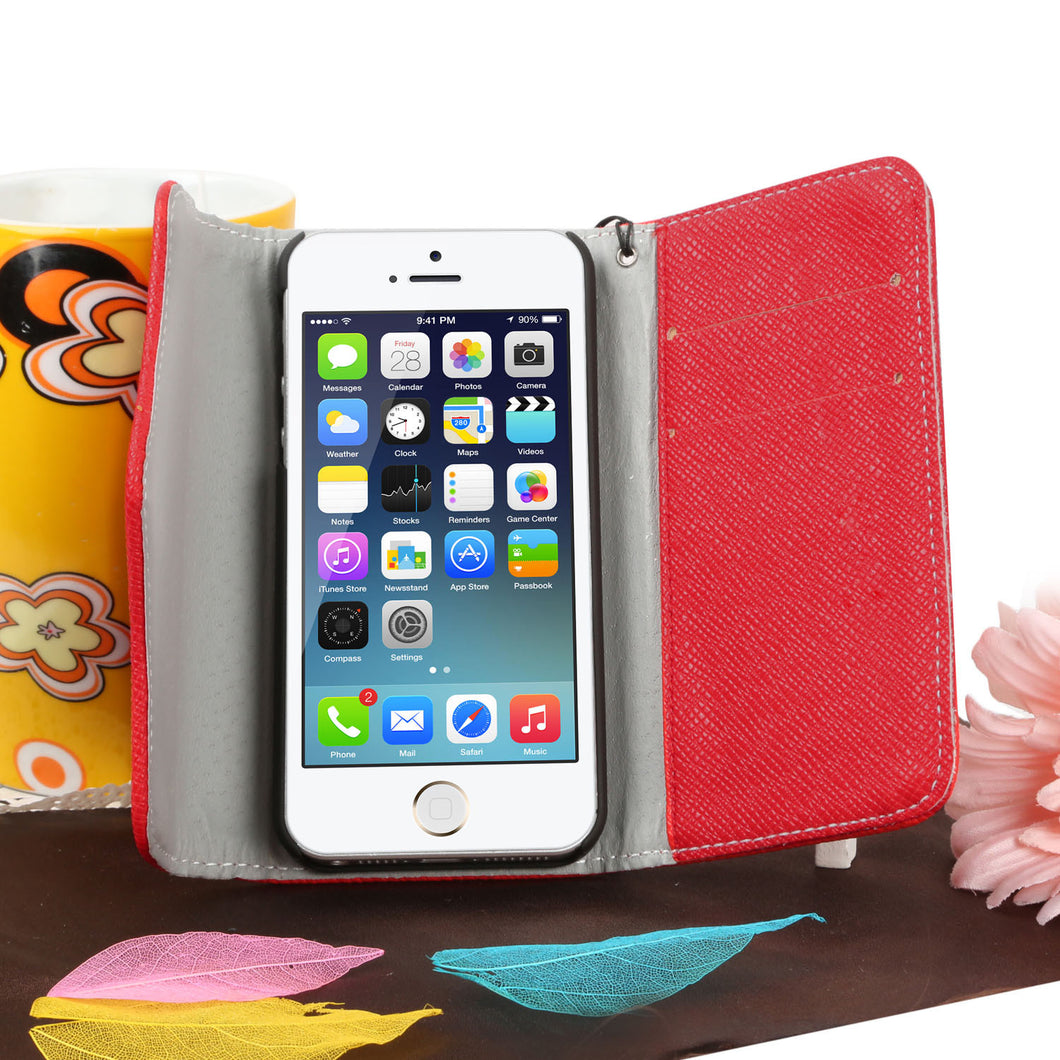 Synthetic Leather Wallet Flip Case Credit Card Holder For iPhone 5/5S in Red