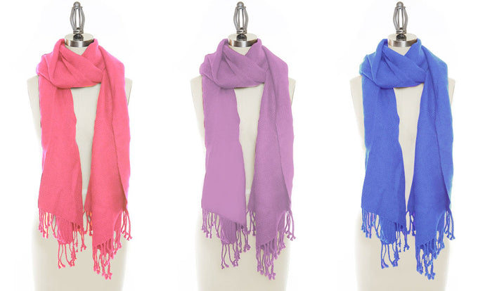 3-Pack: Luxurious Wool & Silk Blend Pashmina Scarves in Coral, Blue, Light Purple