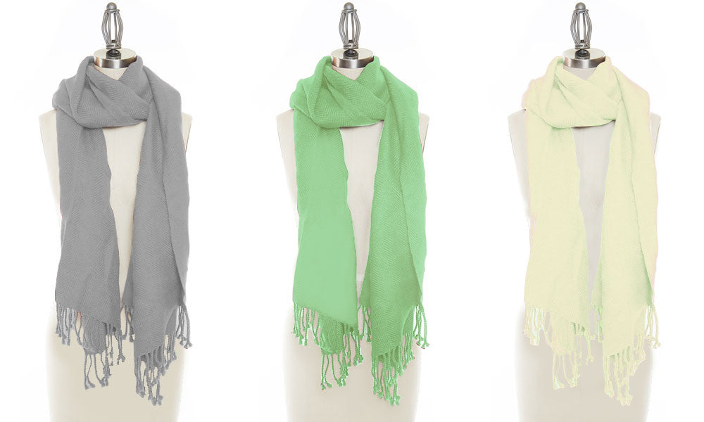 3-Pack: Luxurious Wool & Silk Blend Pashmina Scarves in Dark Gray, White, Lime