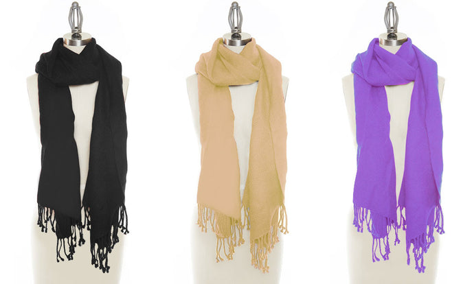 3-Pack: Luxurious Wool & Silk Blend Pashmina Scarves in Purple, Light Tan, Black