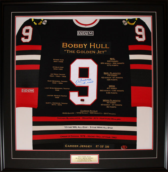 Bobby Hull Framed Career Jersey - Autographed - Ltd Ed 199 - Chicago Blackhawks