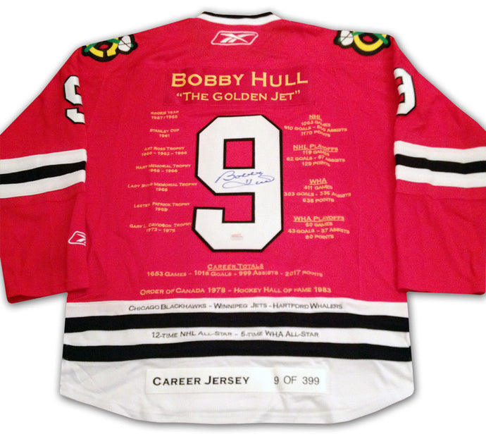 Bobby Hull Red Career Jersey - Autographed - LTD ED 399 - Chicago Blackhawks
