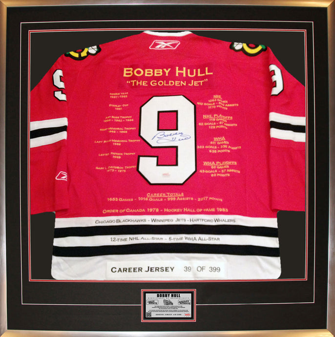 Bobby Hull Framed Career Jersey - Autographed - Ltd Ed 399 - Chicago Blackhawks