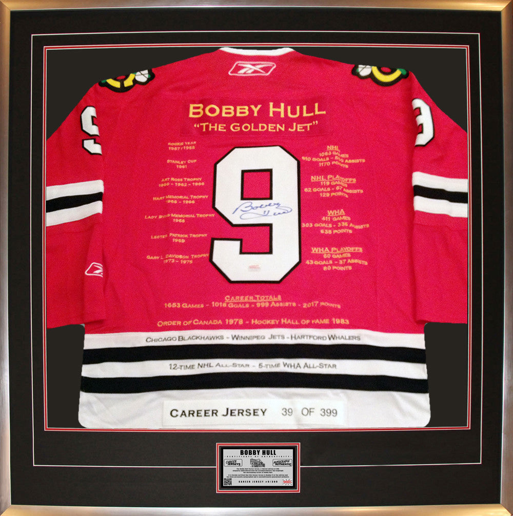 Bobby Hull Framed Career Jersey - Autographed - Ltd Ed 399 - Chicago Blackhawks
