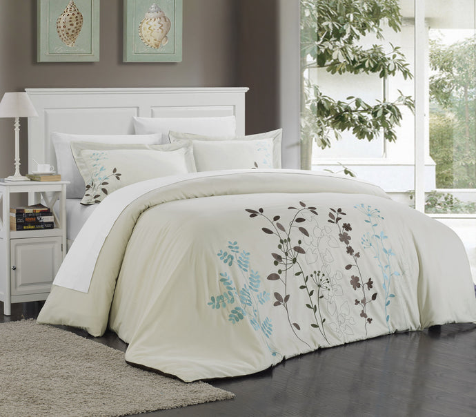 Chic Home 7 Piece Kathy Floral Embroidered Duvet Set, King Beige with White Sheet Set
