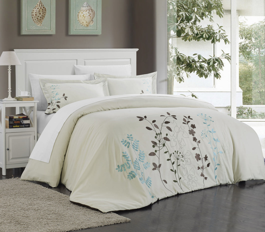 Chic Home 7 Piece Kathy Floral Embroidered Duvet Set, King Beige with White Sheet Set